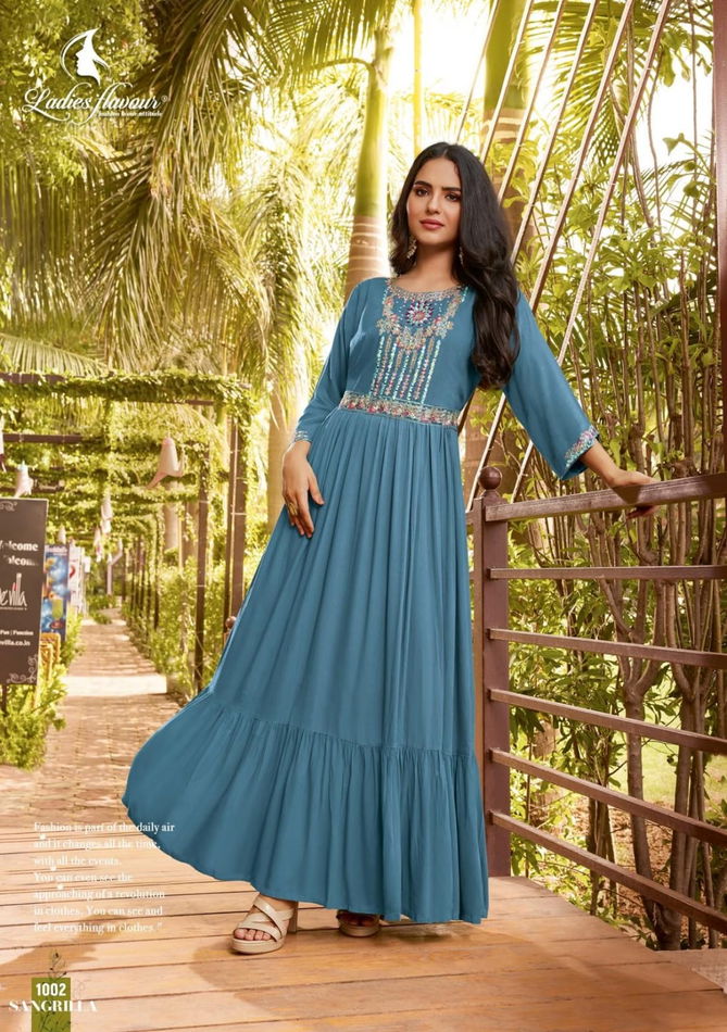 Sangrilla By Ladies Flavour Embroidery Long Party Wear Kurtis Catalog